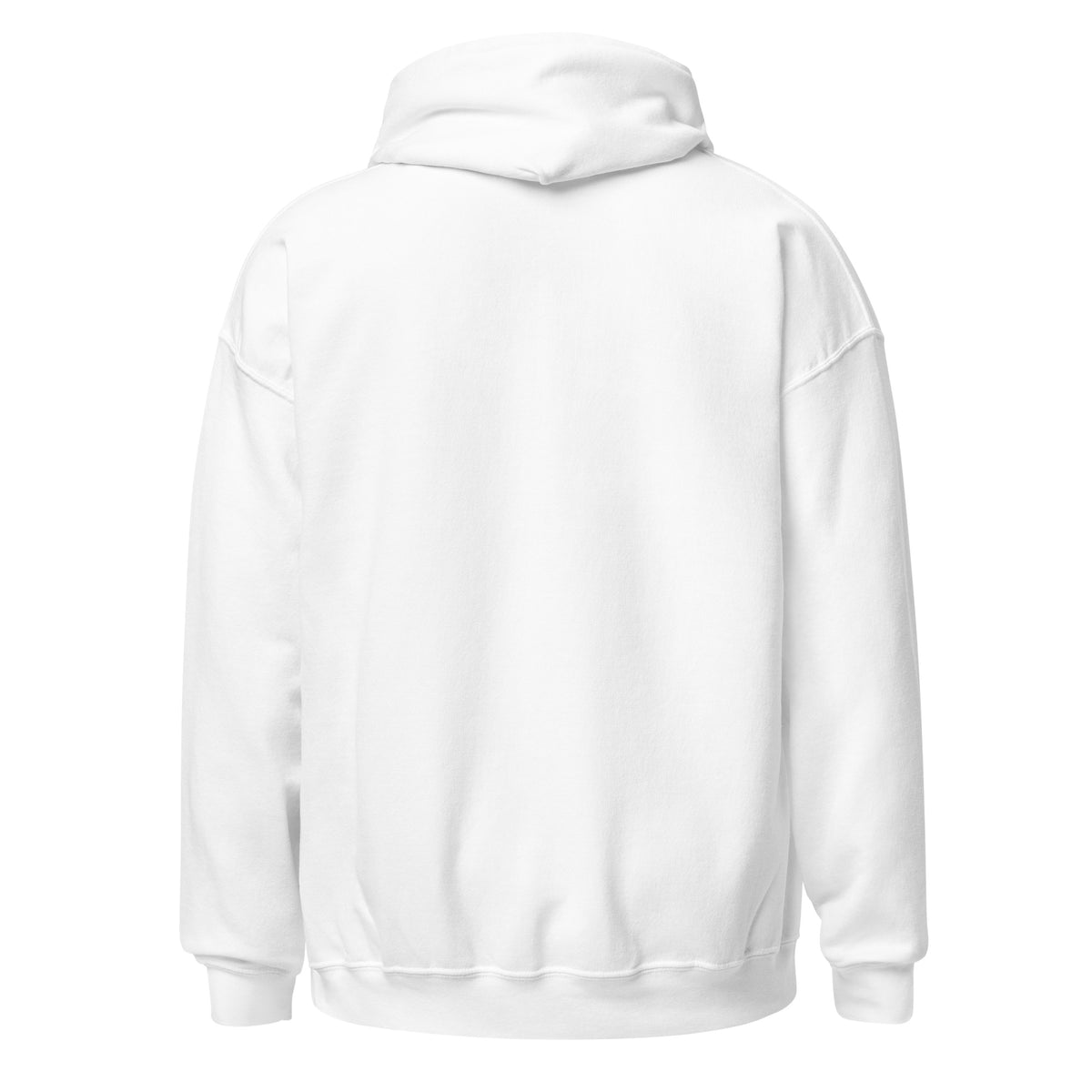 White Romans 8:28 unisex hoodie by Tristan's Outlet featuring back design with inspirational scripture text.