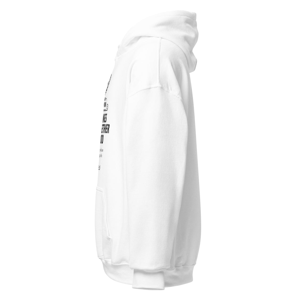 White Romans 8:28 unisex hoodie by Tristan's Outlet featuring a scripture print, soft heavy-blend fabric and comfortable fit.