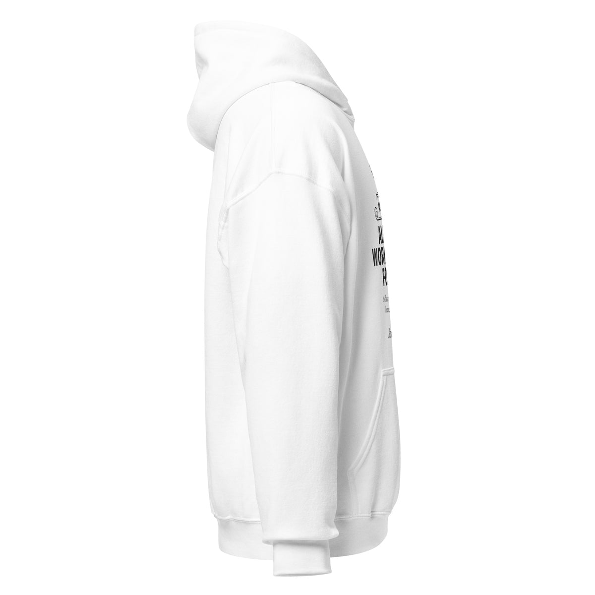 White unisex hoodie featuring Romans 8:28 verse, made by Tristan's Outlet, shown from the right side with a soft fabric appearance.