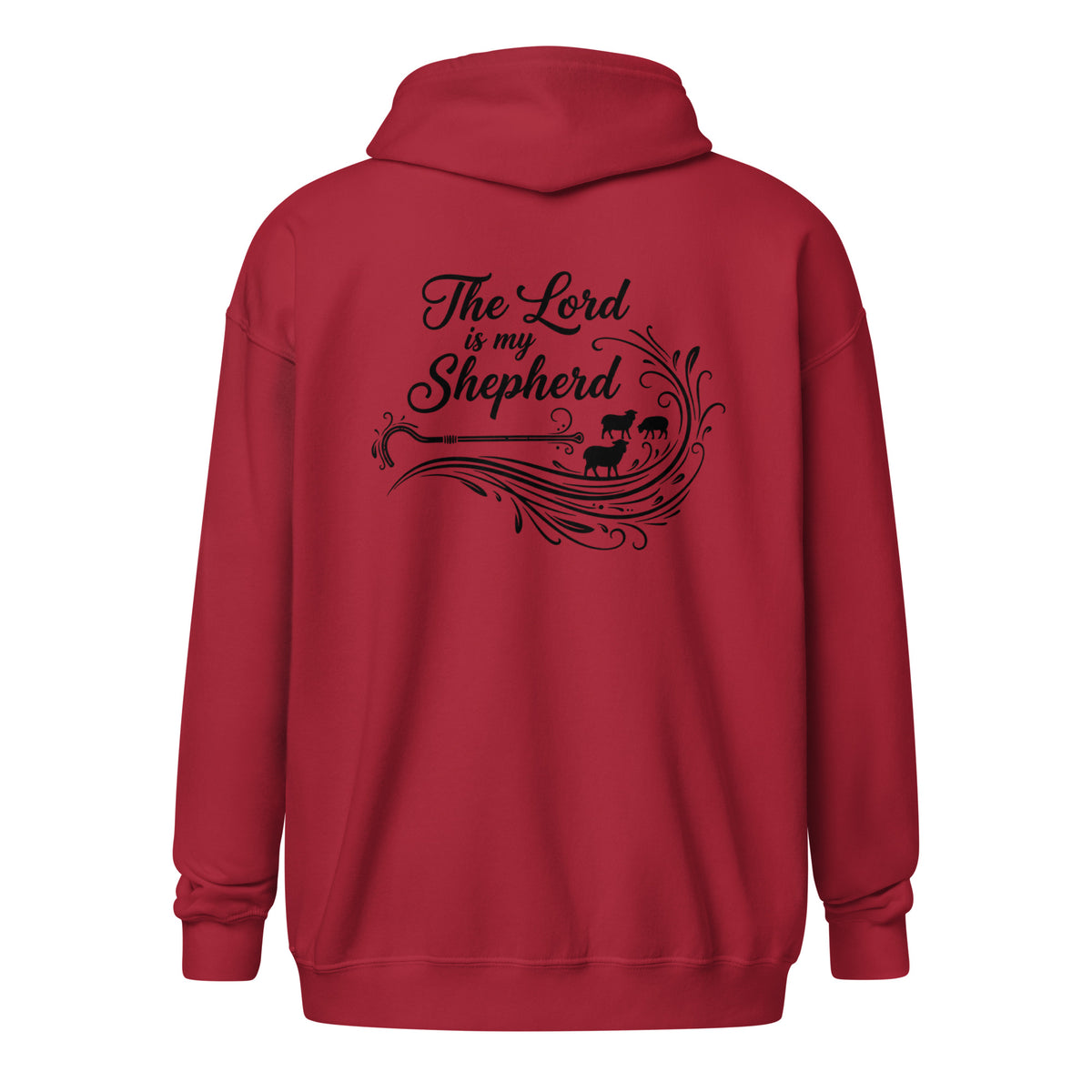 Unisex Cardinal Red Zip Hoodie with "The Lord is My Shepherd" graphic on the back, from Tristan's Outlet.