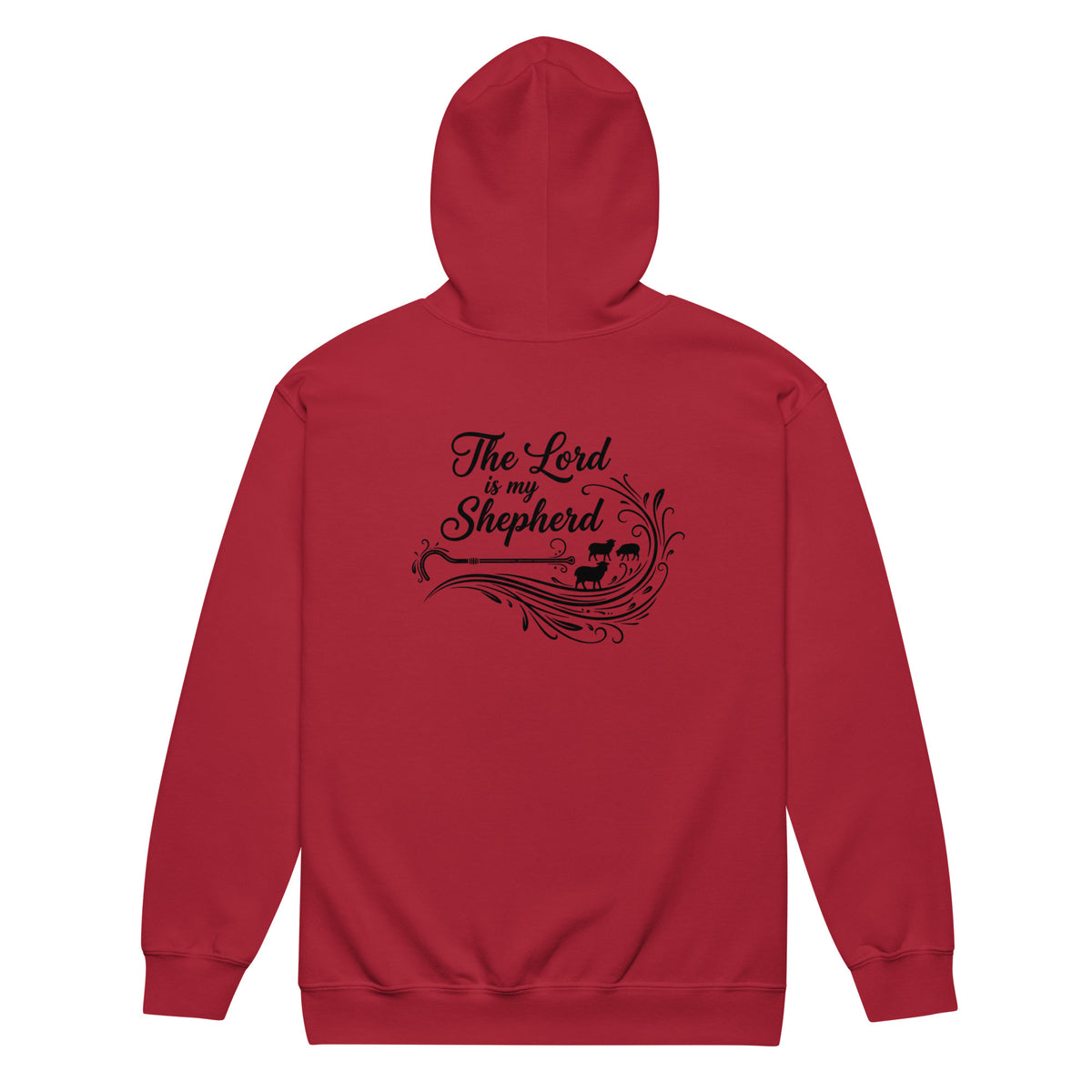Unisex red zip hoodie with "The Lord is My Shepherd" printed design on the back, made by Tristan's Outlet.