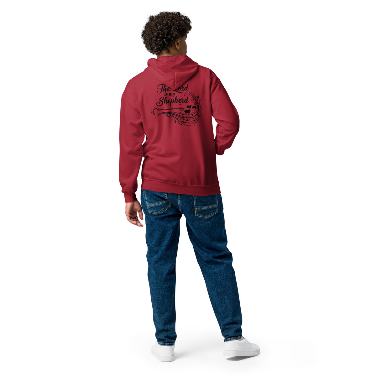 Unisex red zip hoodie with "The Lord is My Shepherd" artwork on the back, by Tristan's Outlet.
