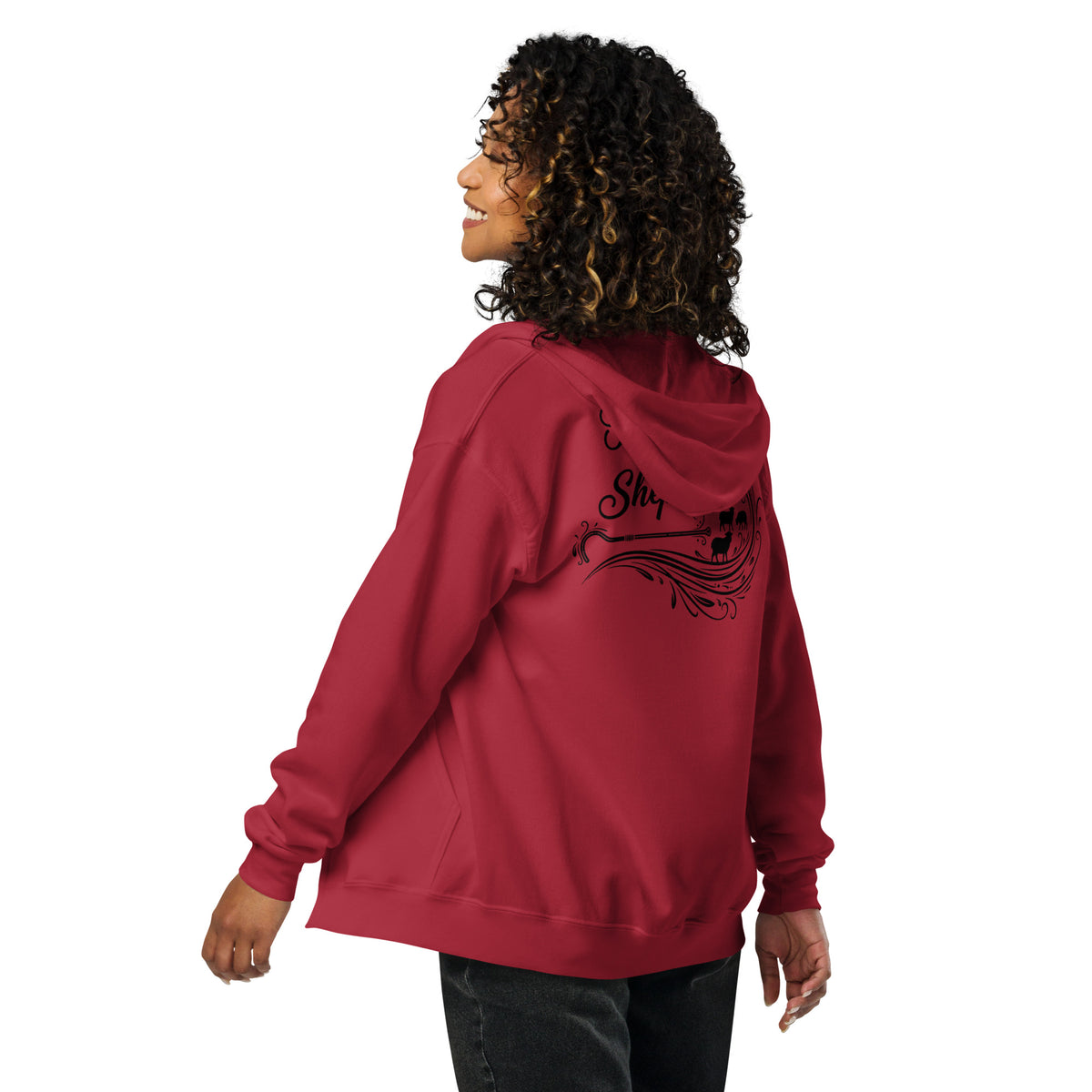 Unisex Cardinal Red zip hoodie with "The Lord is My Shepherd" text on the back, from Tristan's Outlet.