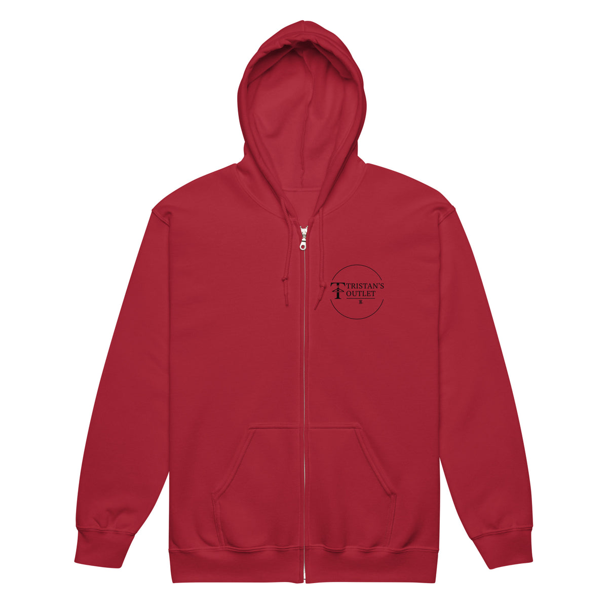 Unisex heavy blend zip hoodie in cardinal red featuring a front design, from Tristan's Outlet, comfortable and casual apparel.