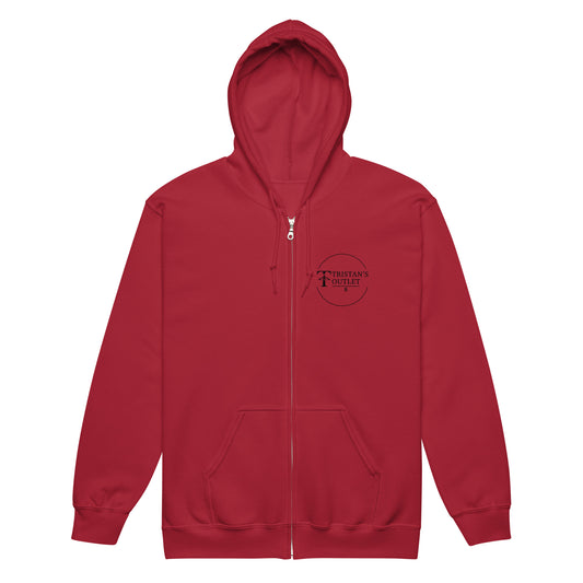 Unisex heavy blend zip hoodie in cardinal red featuring a front design, from Tristan's Outlet, comfortable and casual apparel.