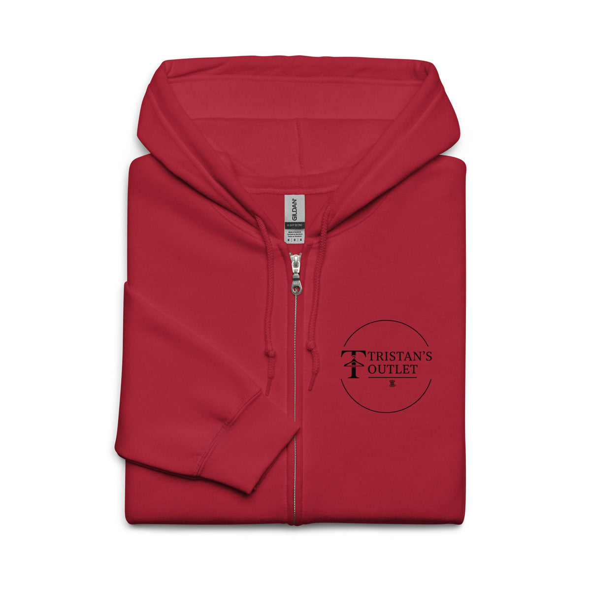 Unisex Cardinal Red zip hoodie featuring "The Lord is My Shepherd" graphic from Tristan's Outlet, front view.