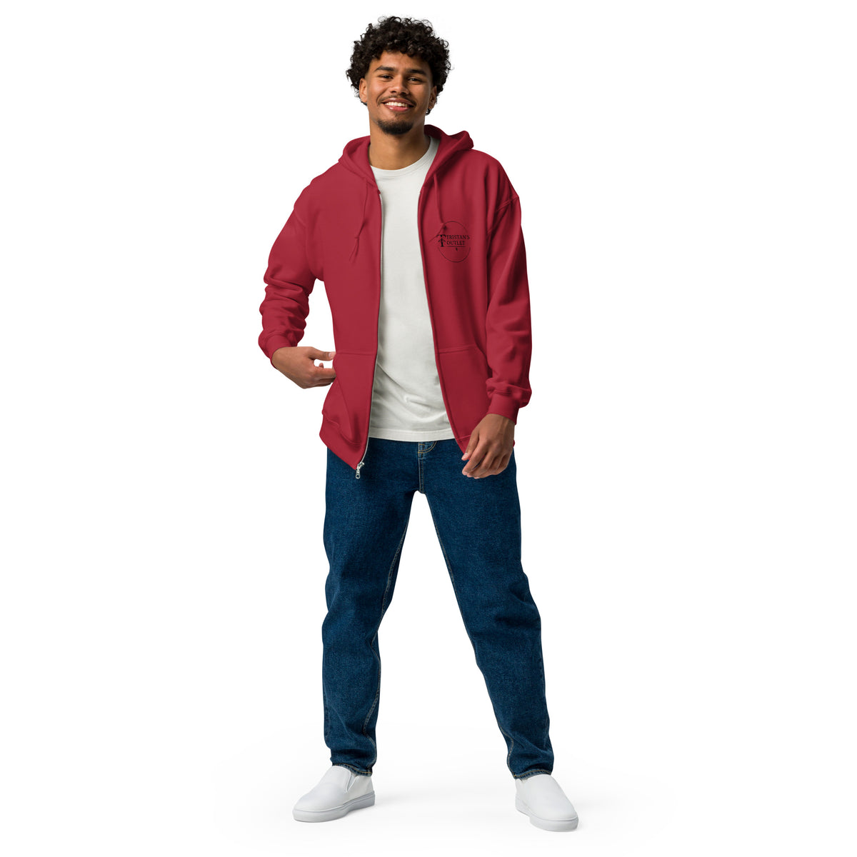 Unisex red zip hoodie with "The Lord is My Shepherd" print from Tristan's Outlet, front view, casual and comfortable fit.