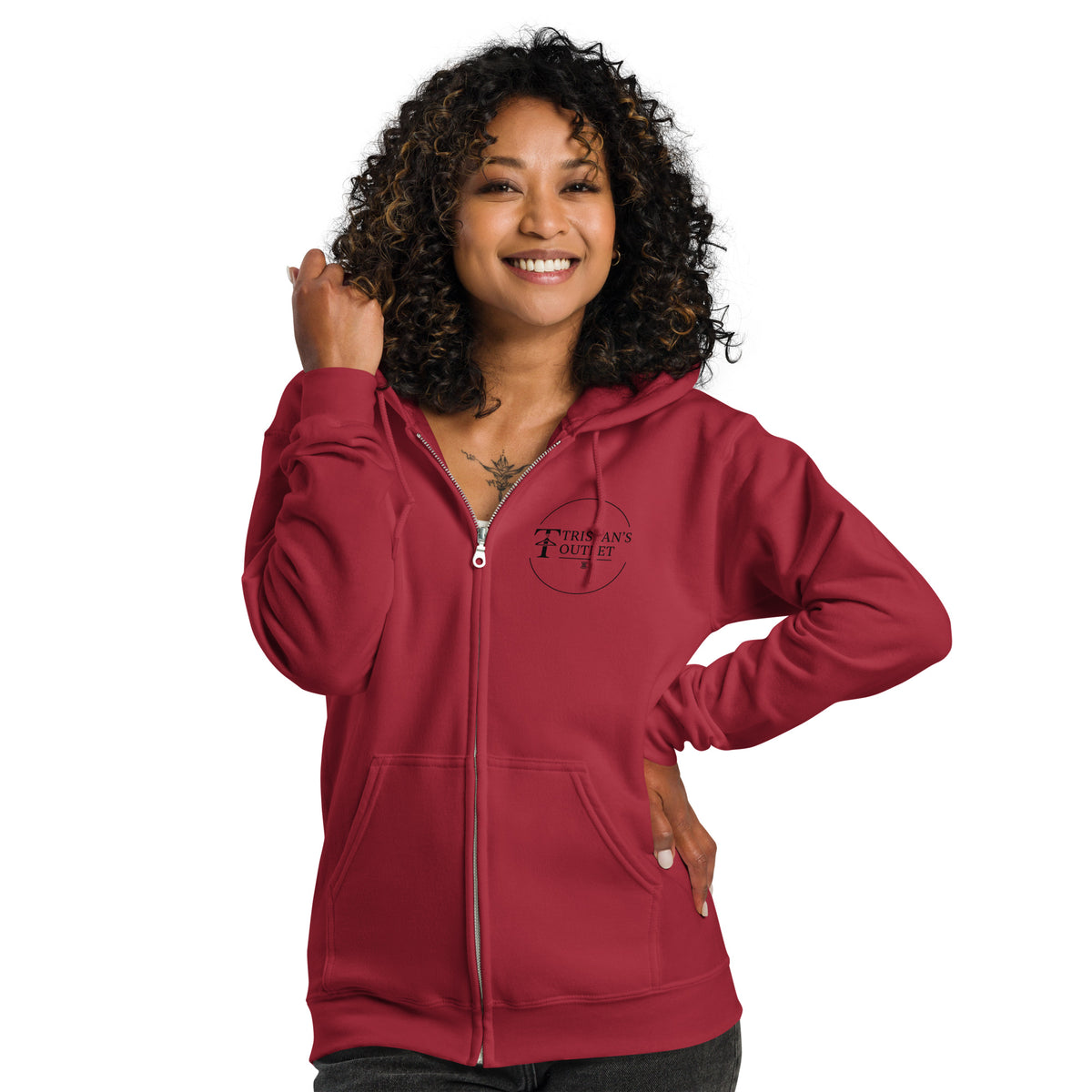 Unisex red zip hoodie with "The Lord is My Shepherd" text in white, from Tristan's Outlet, front view.