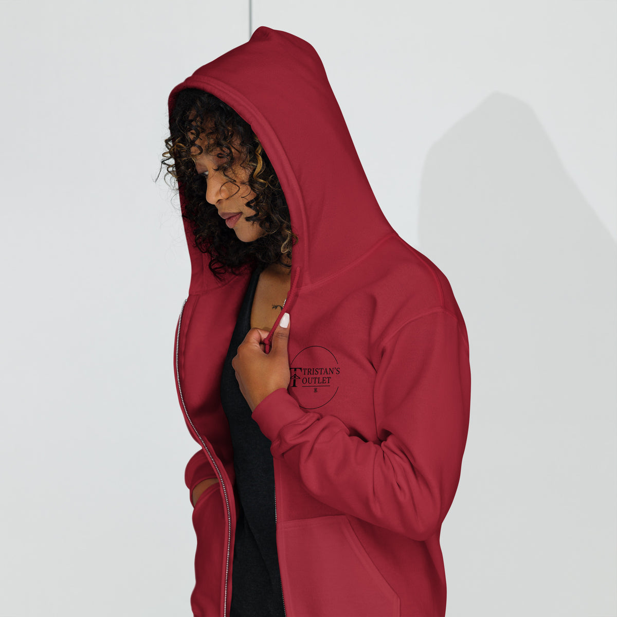 Unisex Cardinal Red zip hoodie with "The Lord is My Shepherd" graphic from Tristan's Outlet, front view.