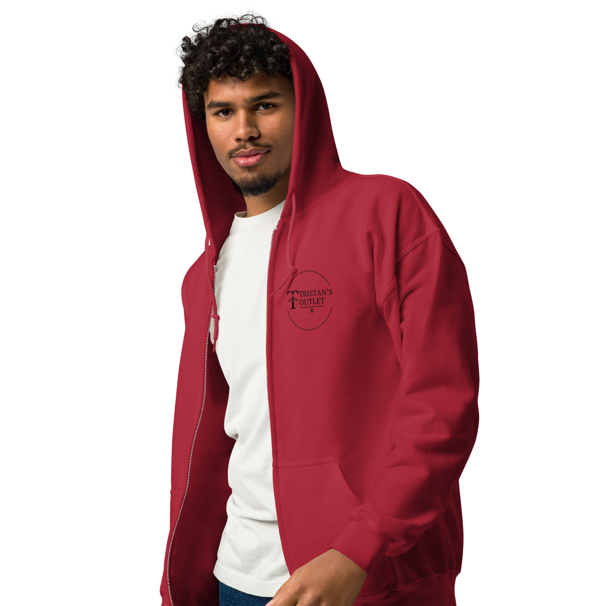 Unisex Cardinal Red zip hoodie from Tristan's Outlet with a left-front design, made of heavy-blend fabric.