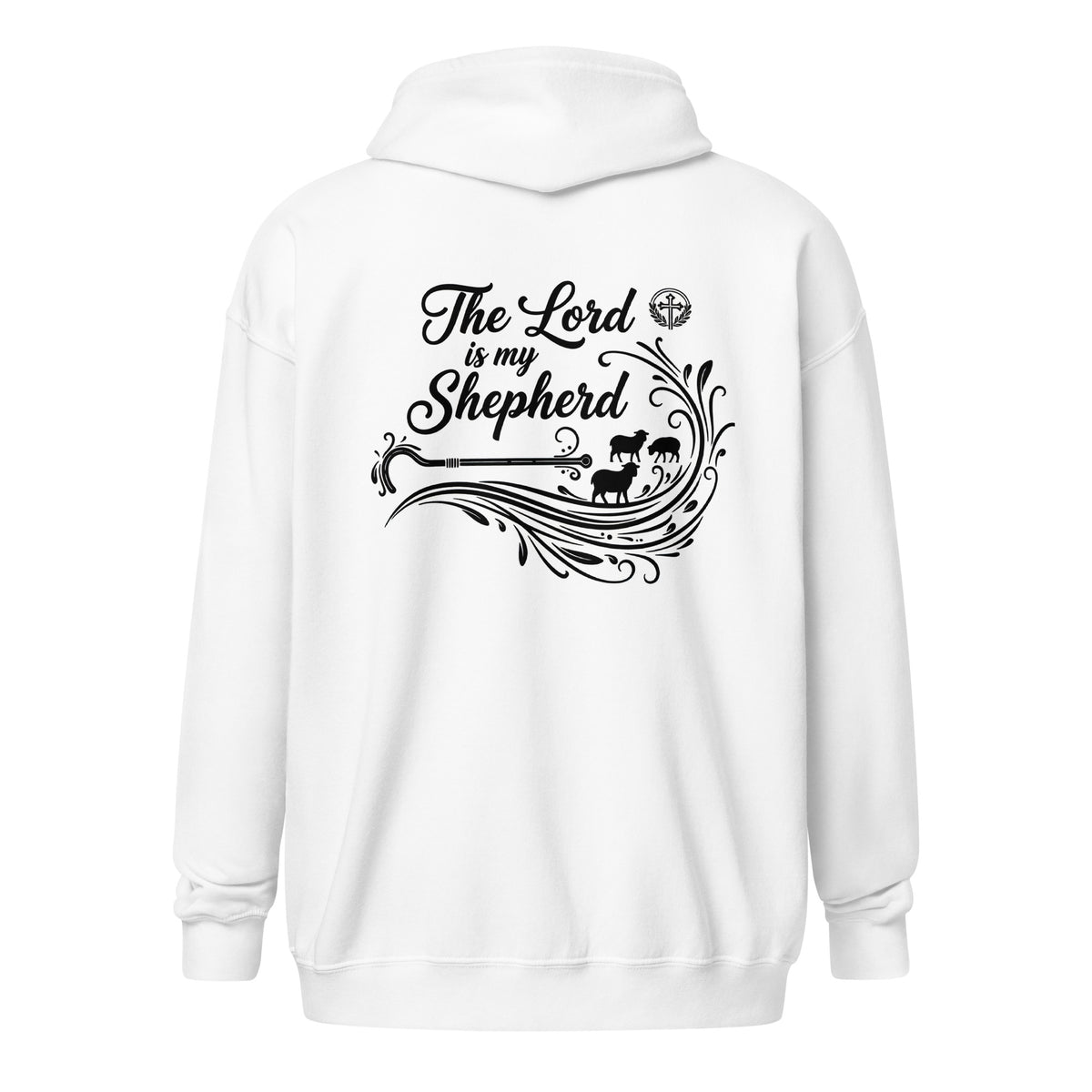 White unisex zip hoodie featuring "The Lord is My Shepherd" print by Tristan's Outlet, shown from the back.