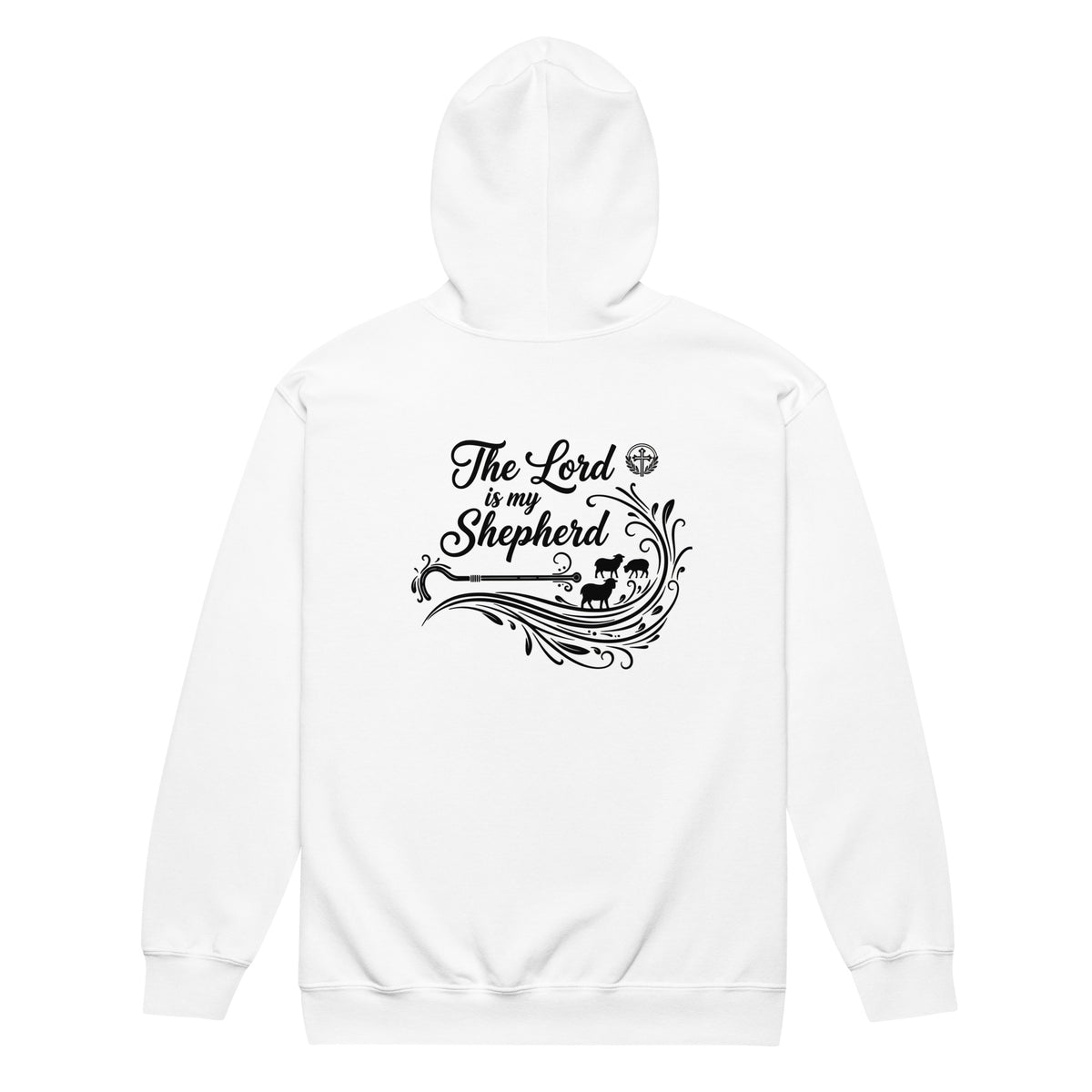 White unisex zip hoodie featuring "The Lord is My Shepherd" text on the back, by Tristan's Outlet, casual and comfortable clothing.