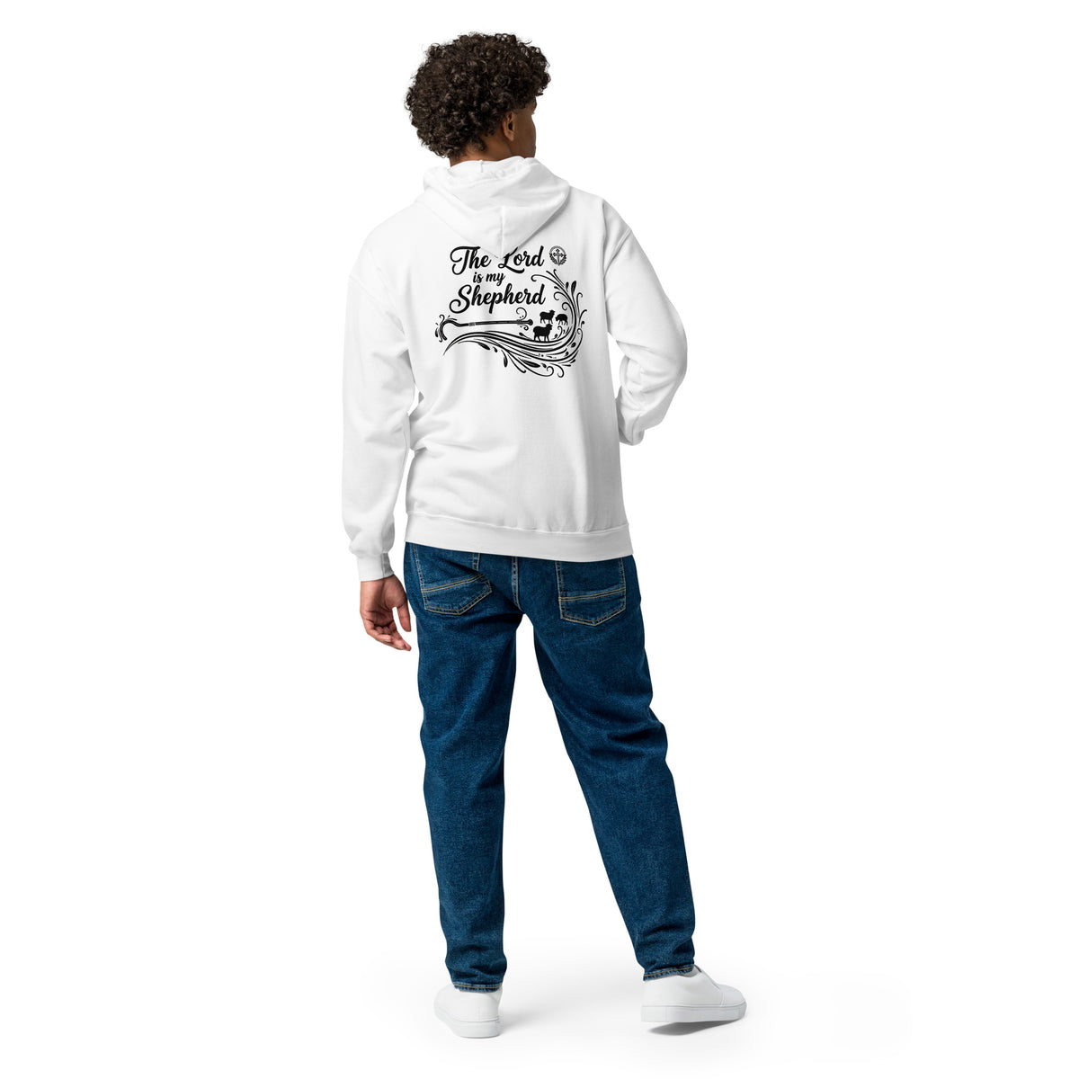 White unisex zip hoodie featuring "The Lord is My Shepherd" design from Tristan's Outlet, shown from the back view.