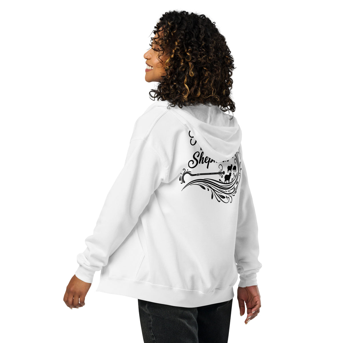 White unisex zip hoodie from Tristan's Outlet featuring "The Lord is My Shepherd" graphic on the back.