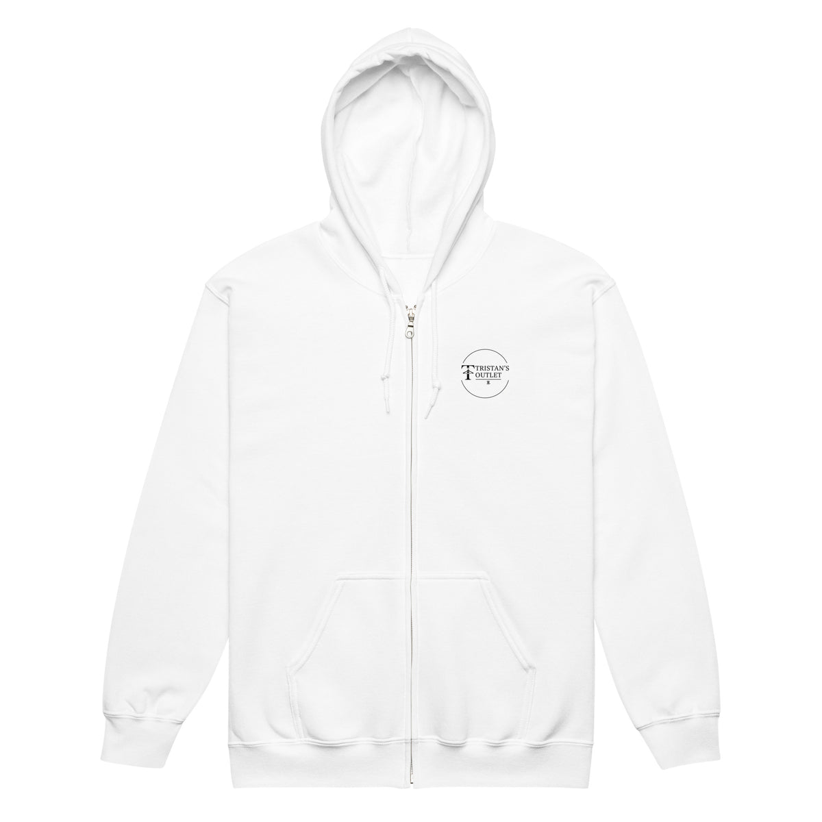 White unisex zip hoodie with "The Lord is My Shepherd" print by Tristan's Outlet, front view showing comfortable design.