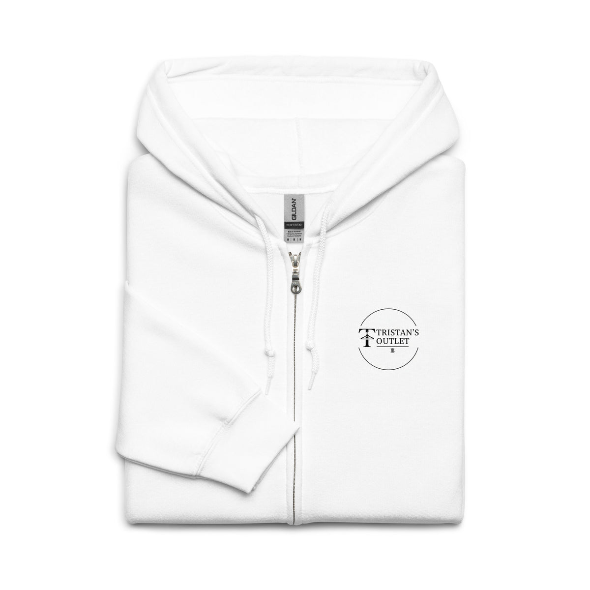 White unisex zip hoodie from Tristan's Outlet featuring "The Lord is My Shepherd" design on the front.