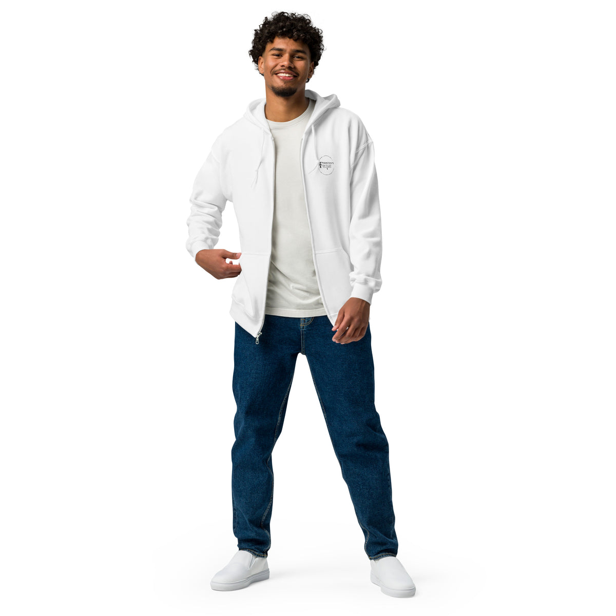 White unisex zip hoodie featuring "The Lord is My Shepherd" text, from Tristan's Outlet, front view.