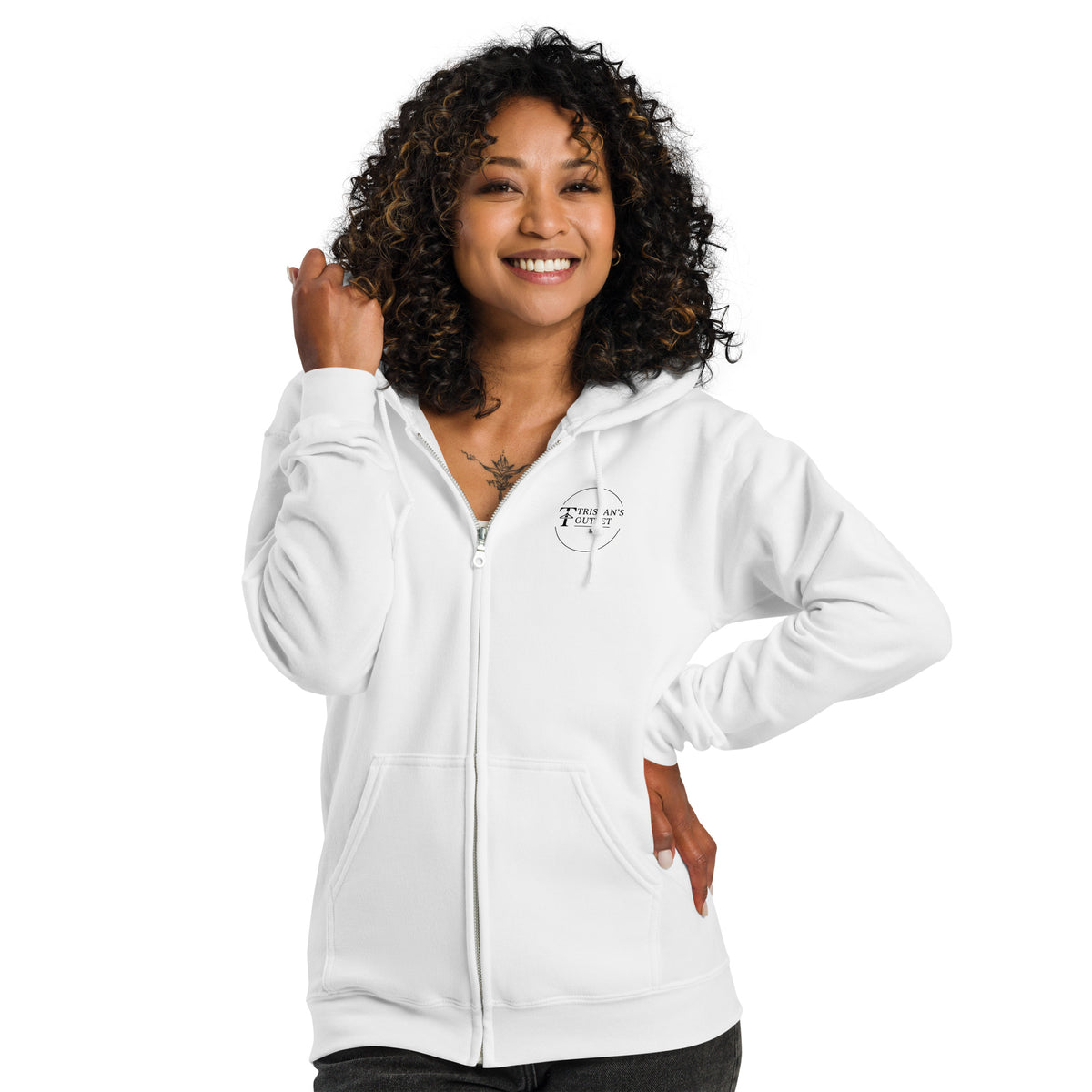 White unisex zip hoodie featuring "The Lord is My Shepherd" design from Tristan's Outlet, front view.