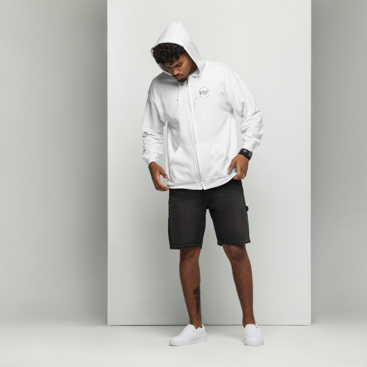 White unisex zip hoodie featuring "The Lord is My Shepherd" design by Tristan's Outlet, front view, casual and comfortable style.