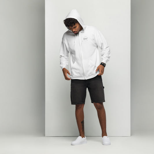White unisex zip hoodie featuring "The Lord is My Shepherd" design by Tristan's Outlet, front view, casual and comfortable style.