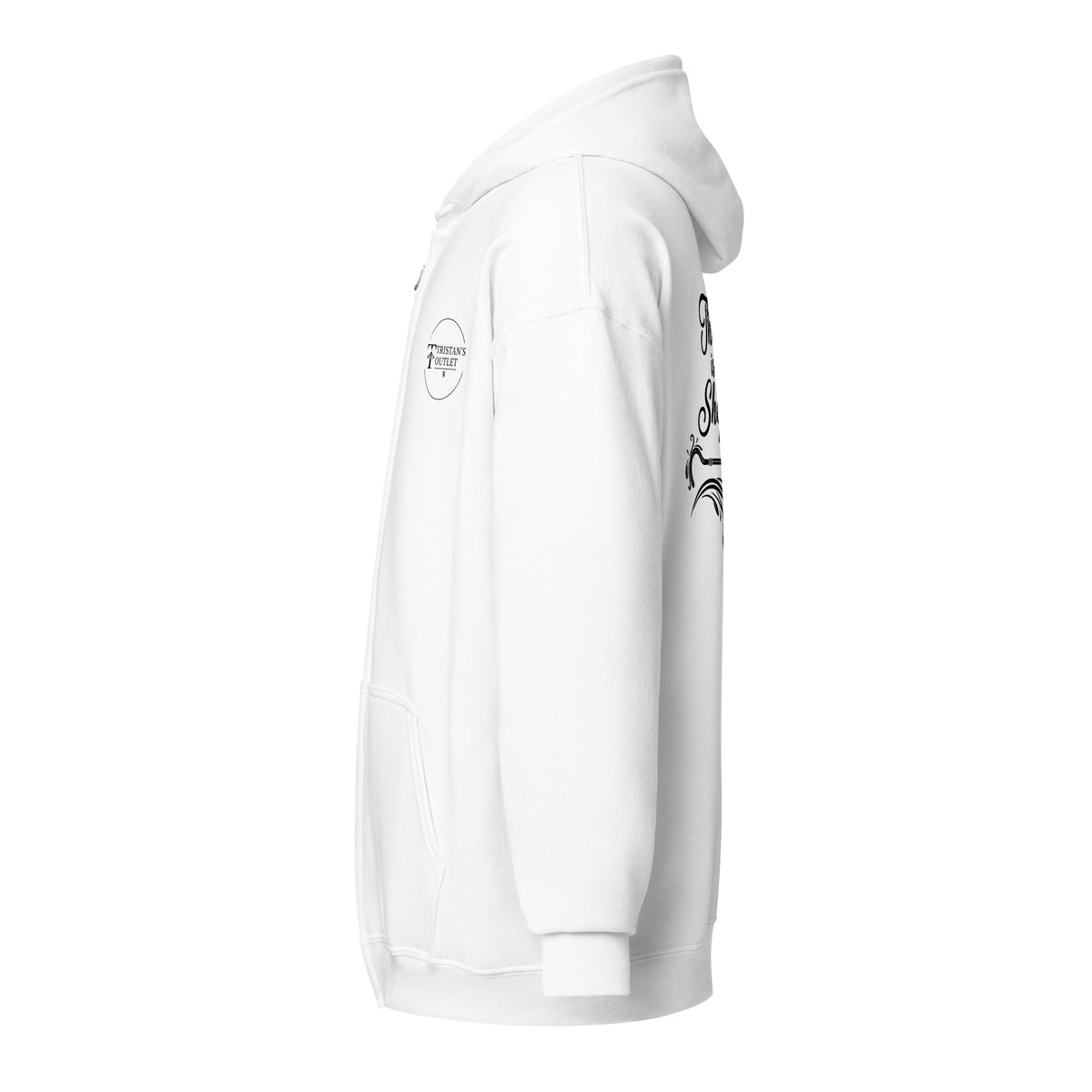 White unisex zip hoodie featuring "The Lord is My Shepherd" design from Tristan's Outlet. Heavy blend fabric, casual style.
