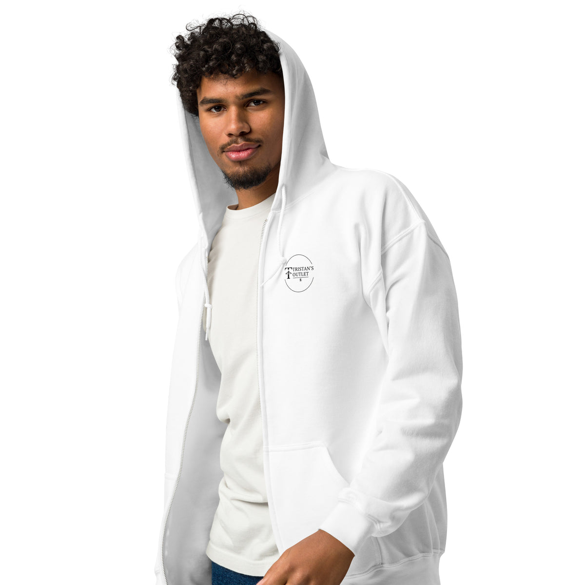 White unisex zip hoodie featuring "The Lord is My Shepherd" design from Tristan's Outlet, front view, soft heavy-blend fabric.