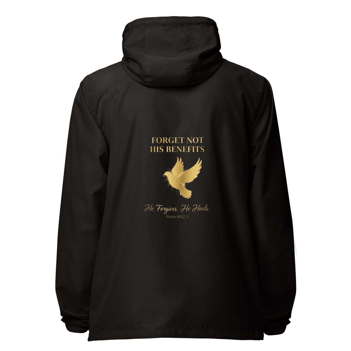 Unisex black lightweight zip-up windbreaker with Psalm 103:2-3 message, from Tristan's Outlet, shown from the back.