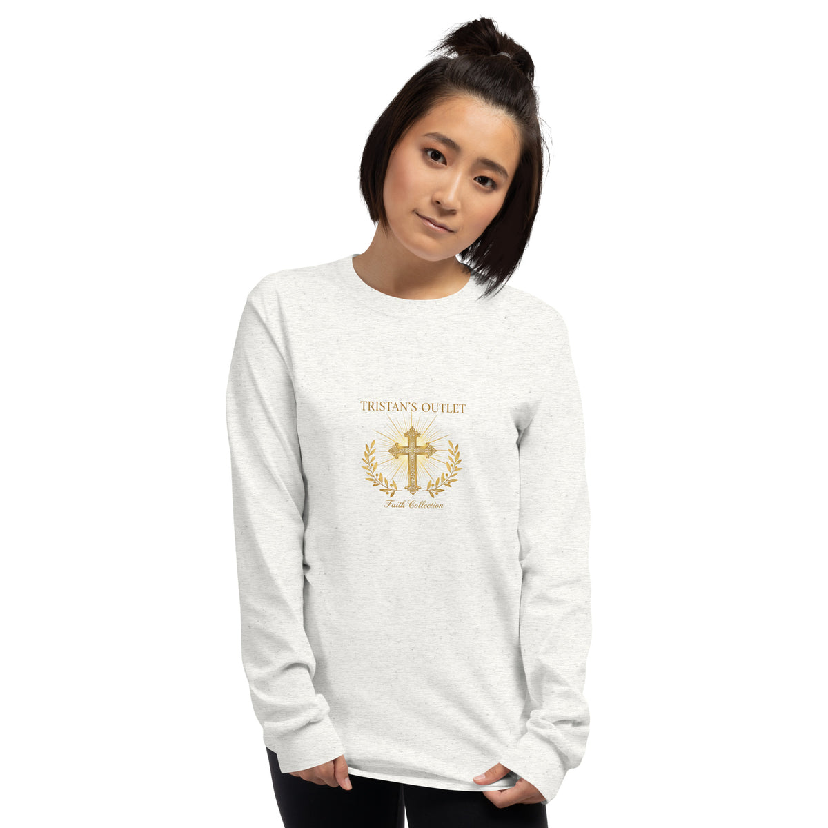 Unisex ash long sleeve shirt from Tristan's Outlet Faith Collection, front view showing casual fit and soft fabric.