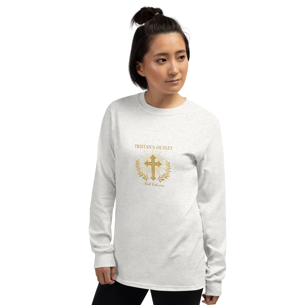 Unisex ash long sleeve shirt from Tristan's Outlet Faith Collection, front view showing comfortable fit and casual style.