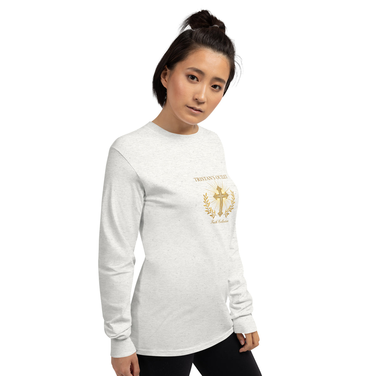 Unisex ash long sleeve shirt from Tristan's Outlet Faith Collection, shown from the right front angle.