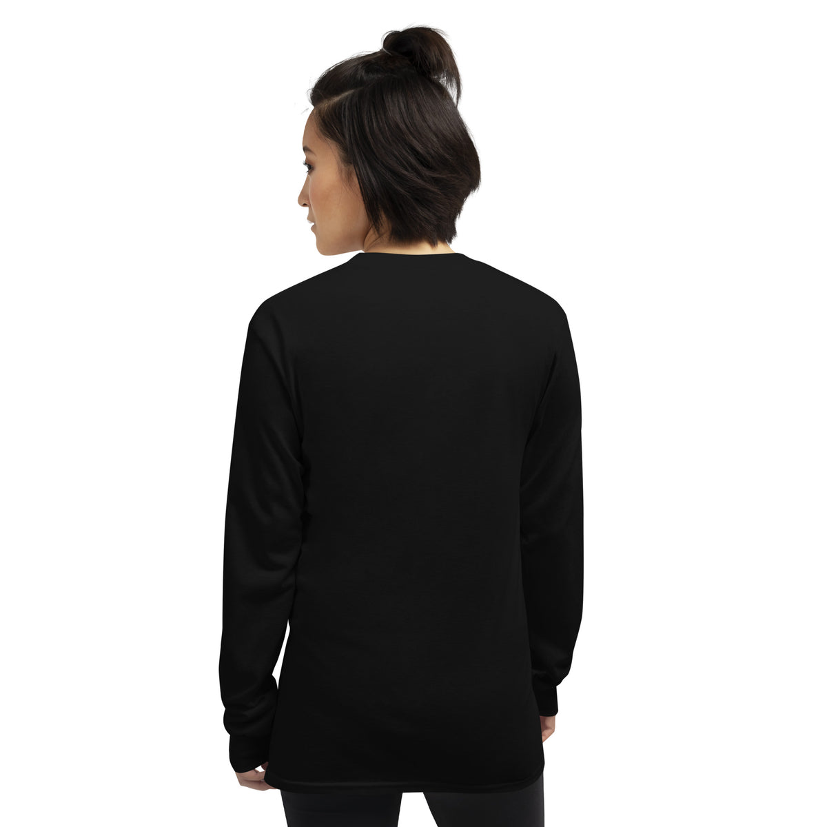 Black unisex long-sleeve shirt for breast cancer awareness featuring supportive graphic on the back, by Tristan's Outlet.