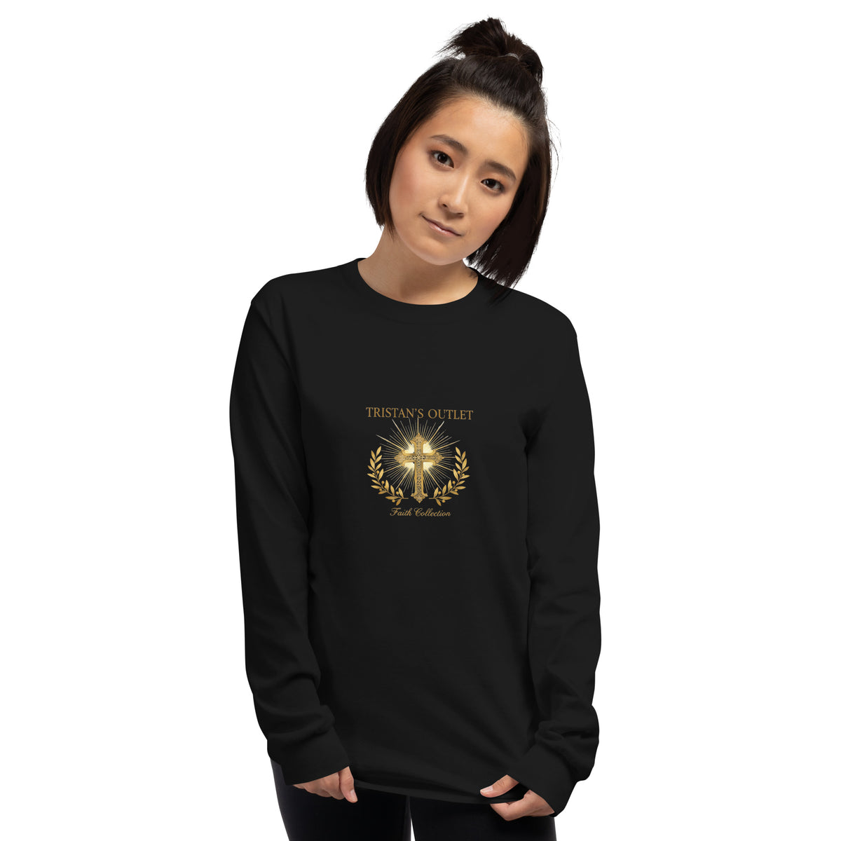 Unisex black long sleeve shirt from Tristan's Outlet Faith Collection, front view showing classic design and comfortable fit.