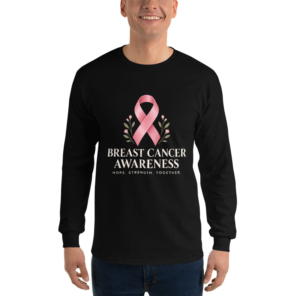 Black unisex long-sleeve shirt supporting breast cancer awareness with "Fight Together" graphic by Tristan's Outlet.