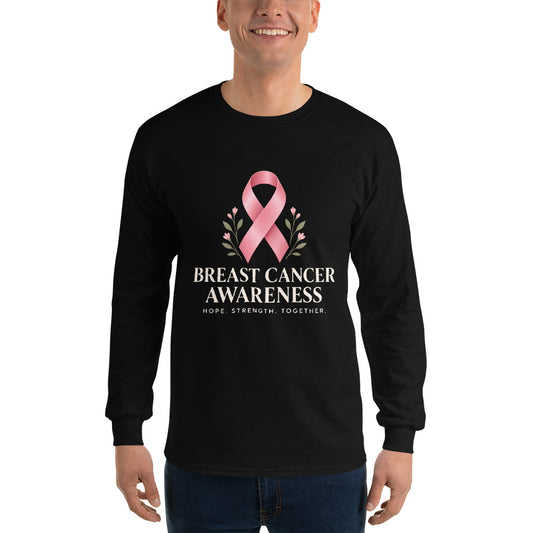 Black unisex long-sleeve shirt supporting breast cancer awareness with "Fight Together" graphic by Tristan's Outlet.