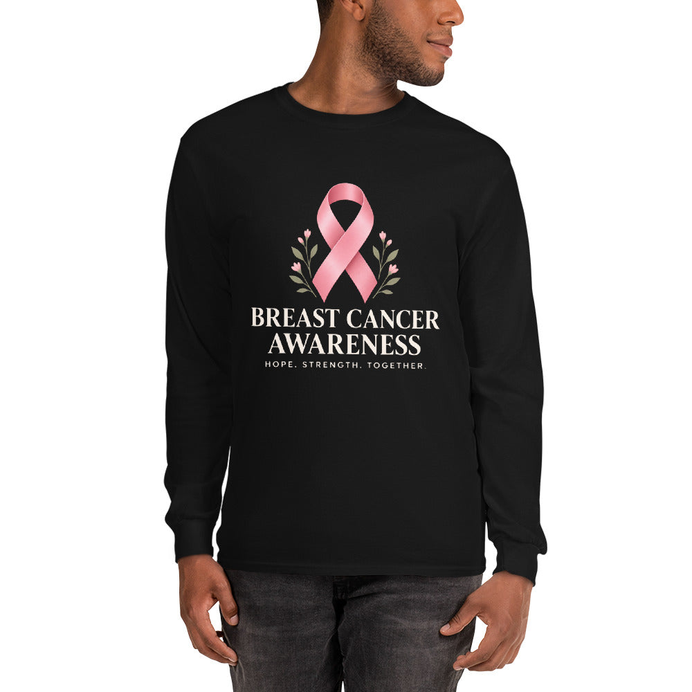 Black unisex long-sleeve shirt supporting breast cancer awareness with "Fight Together" message, by Tristan's Outlet.