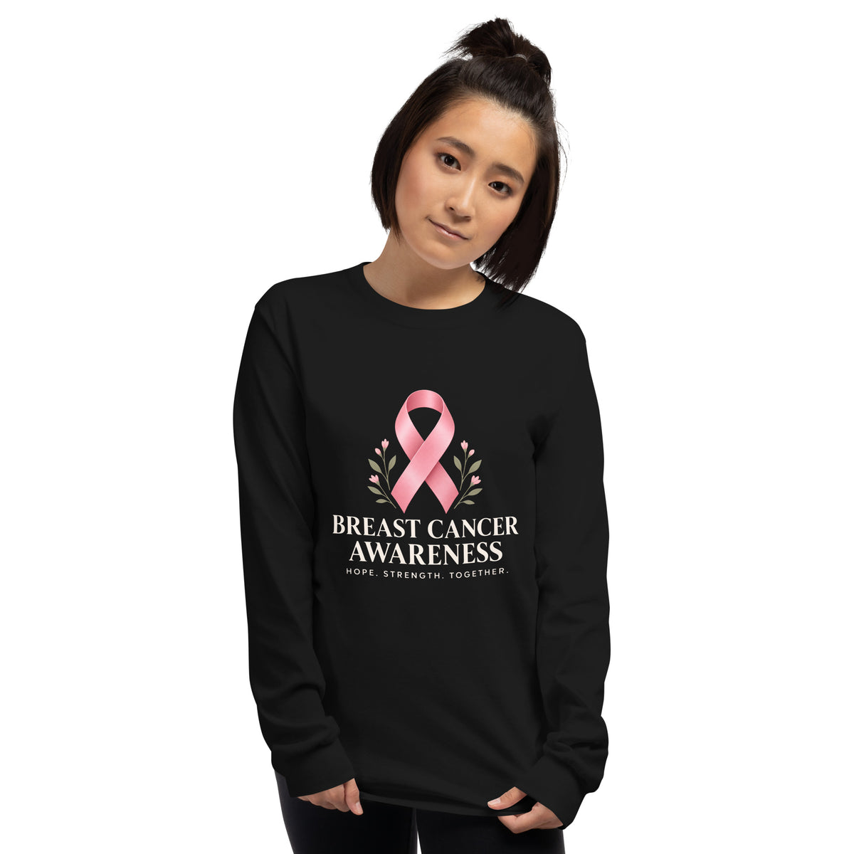 Black unisex long-sleeve shirt for breast cancer awareness from Tristan's Outlet, featuring supportive and fight-together design.