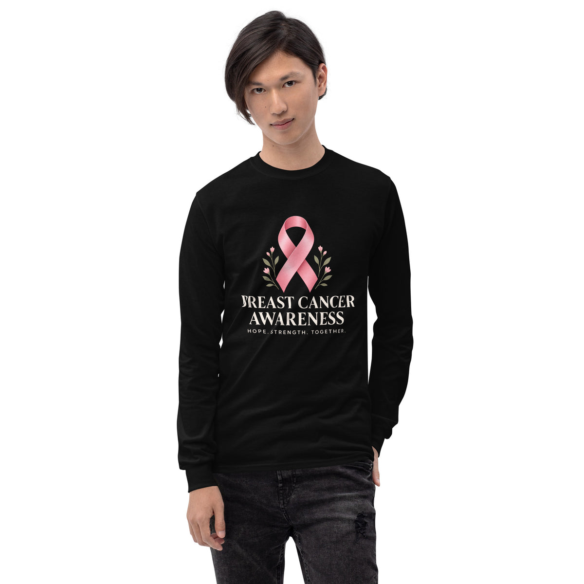 Black unisex long-sleeve shirt from Tristan's Outlet, supporting breast cancer awareness with a front design.