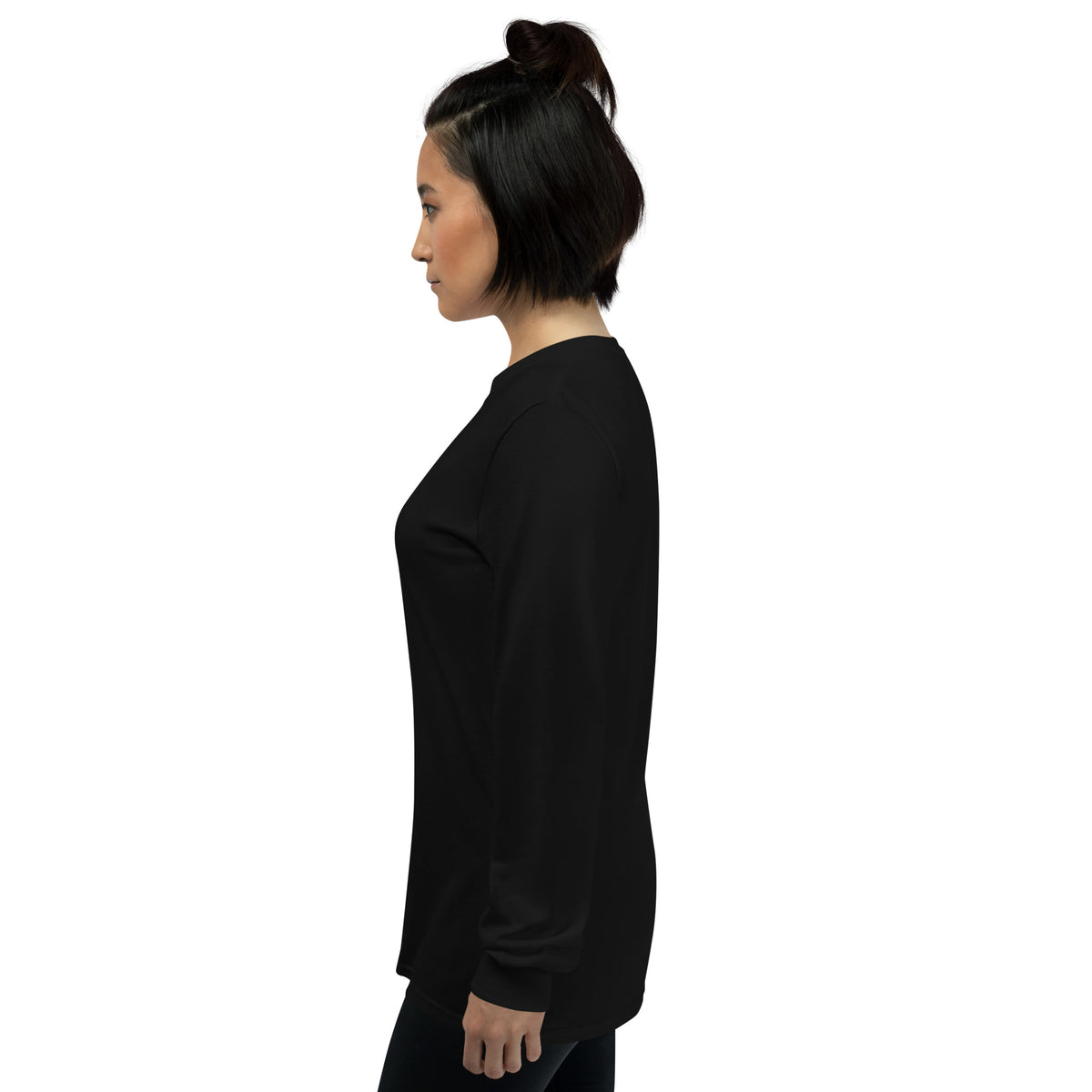 Black Tristan's Outlet Faith Collection long sleeve shirt for unisex wear, shown from the left side.