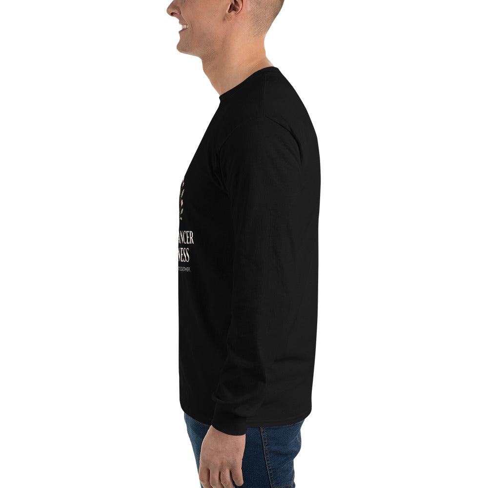 Black unisex long-sleeve shirt for breast cancer awareness and support, featuring a supportive message and designed by Tristan's Outlet.