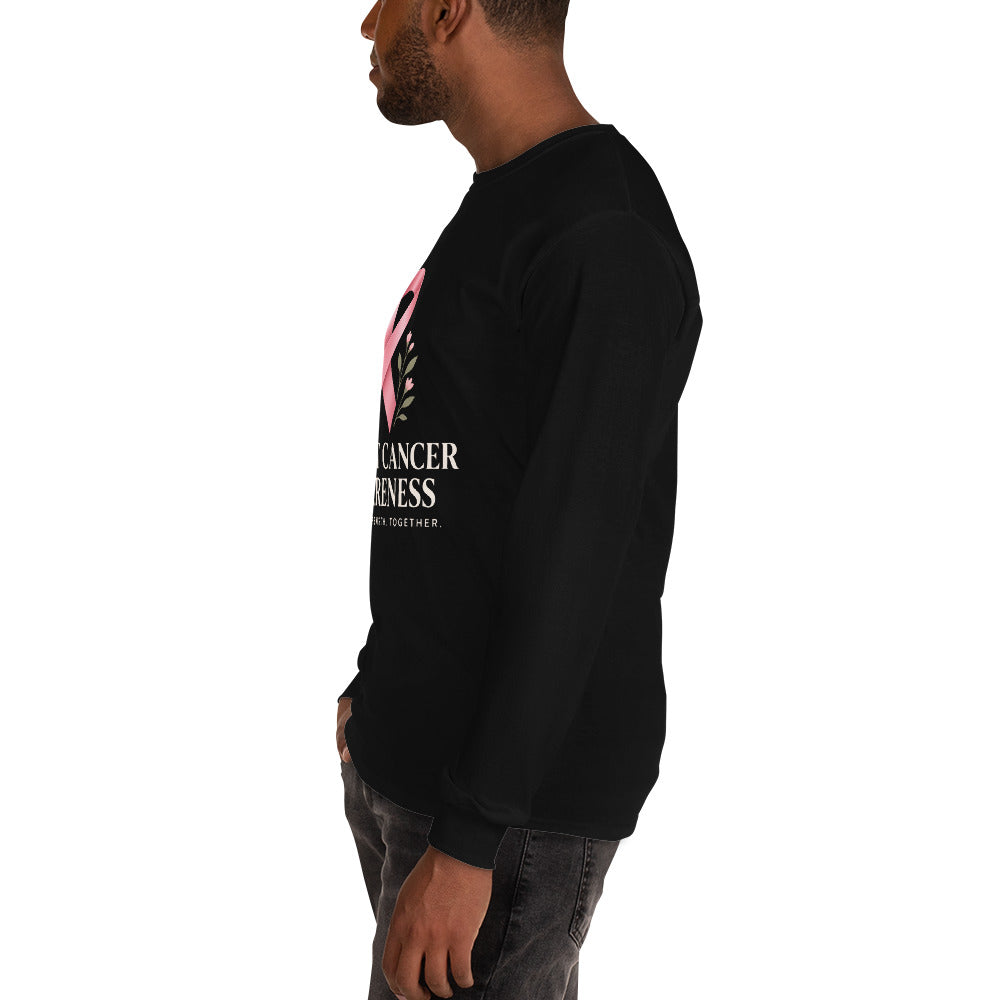 Black unisex long-sleeve shirt supporting breast cancer awareness, featuring printed graphics, from Tristan's Outlet.