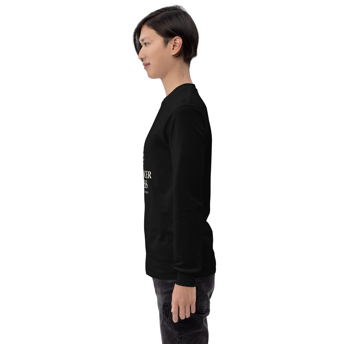 Black unisex long-sleeve shirt with breast cancer awareness support and fight together message, by Tristan's Outlet.