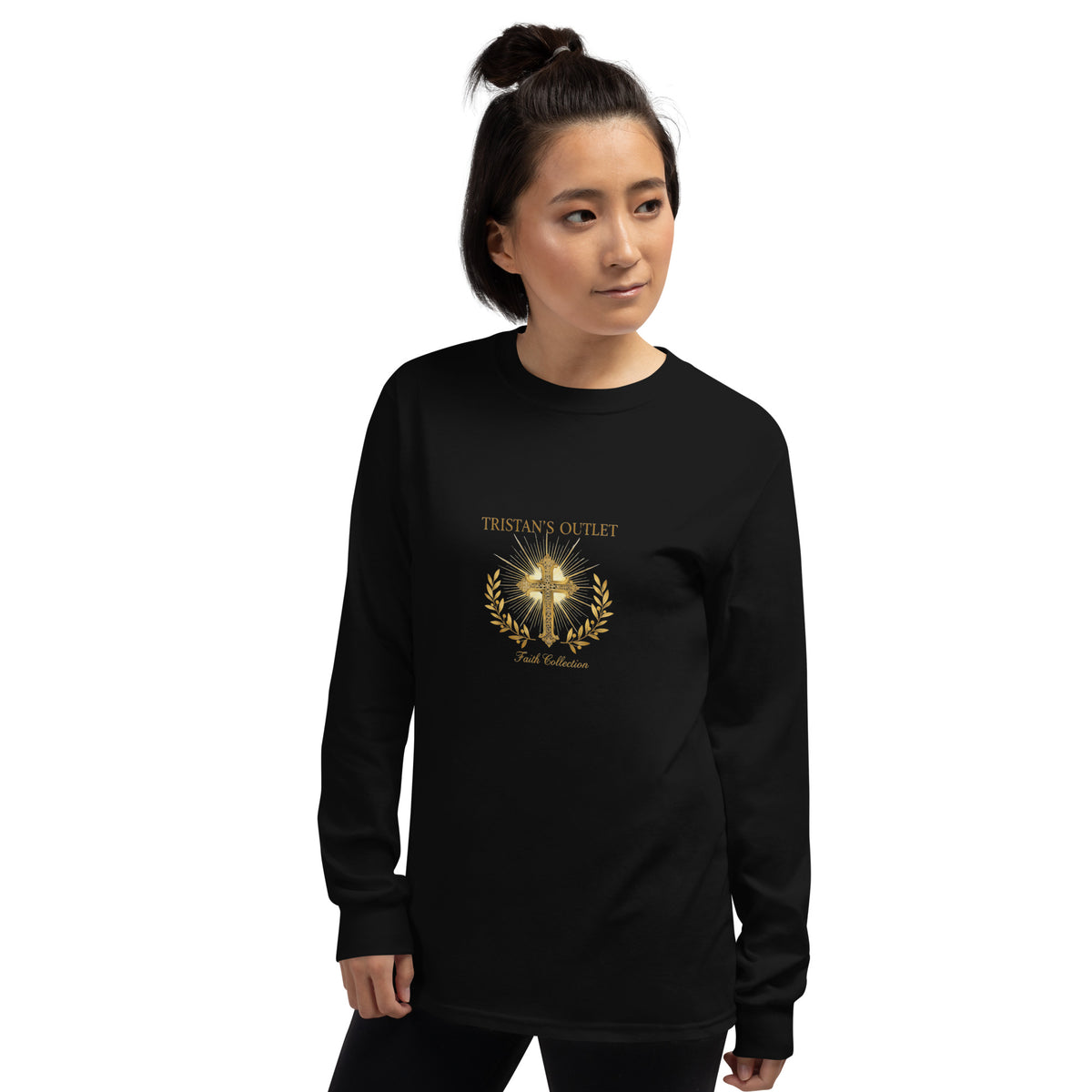 Unisex black long sleeve shirt from Tristan's Outlet Faith Collection, featuring a front design, casual fit, and comfortable fabric.