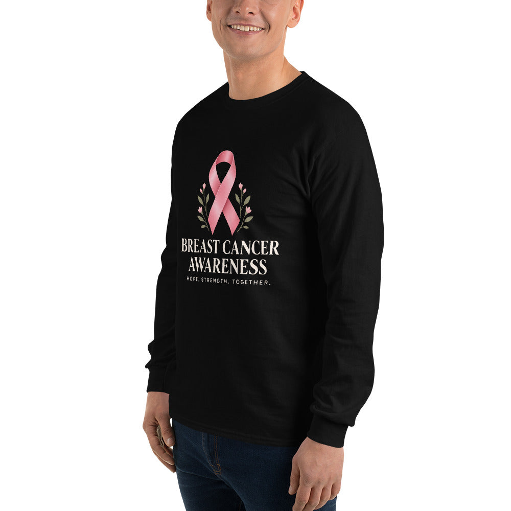 Black unisex long-sleeve shirt with breast cancer awareness support text and logo on the front, from Tristan's Outlet.