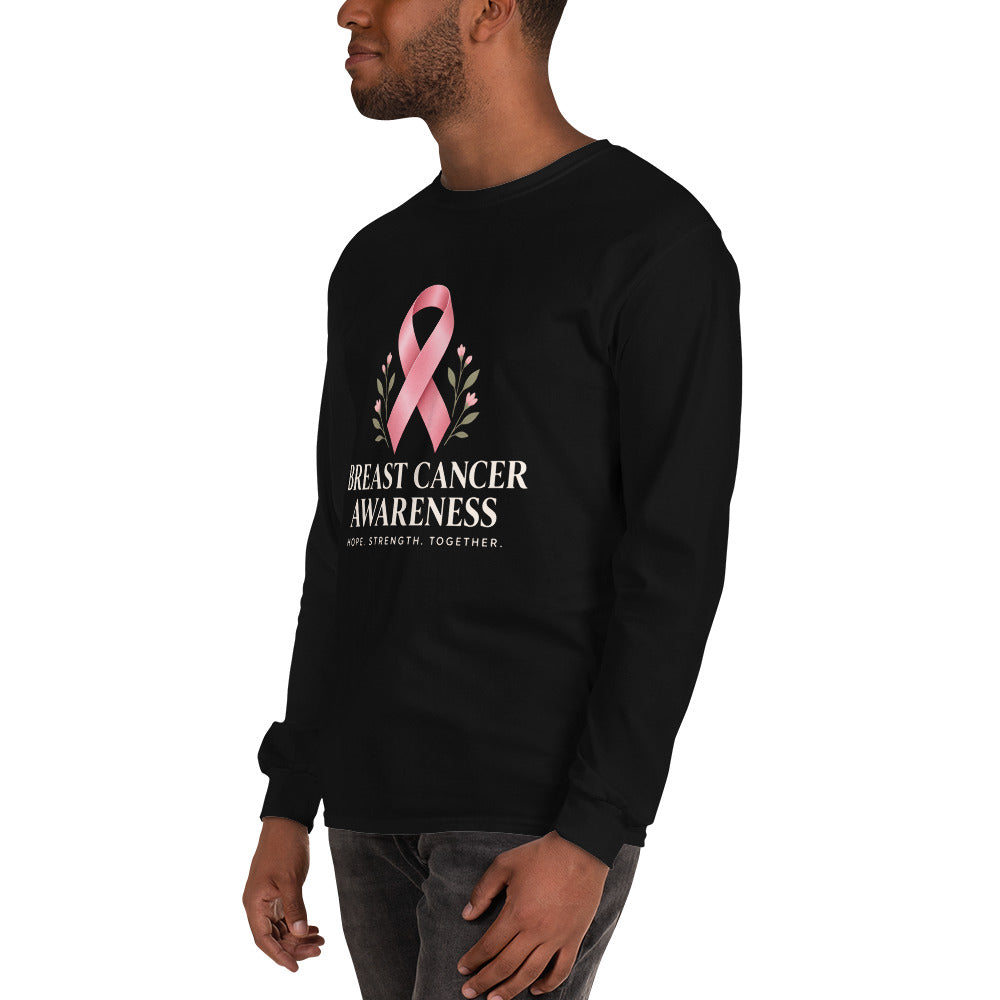Black unisex long-sleeve shirt with breast cancer awareness support and fight together message from Tristan's Outlet, front view.