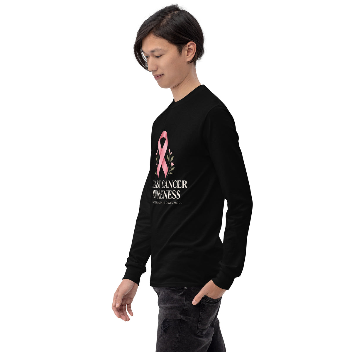 Black unisex long-sleeve shirt for breast cancer awareness, featuring support and fight message, from Tristan's Outlet.