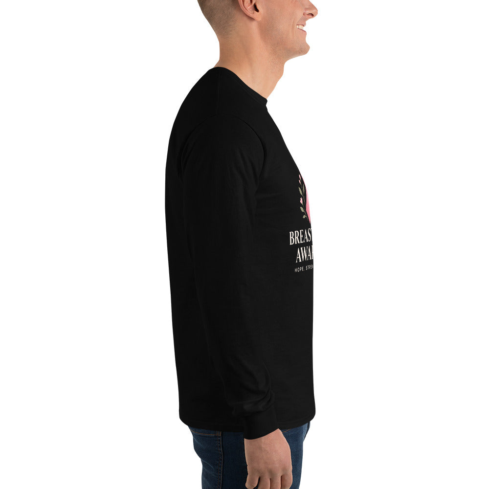 Black unisex long-sleeve shirt supporting breast cancer awareness, featuring a motivational design from Tristan's Outlet.