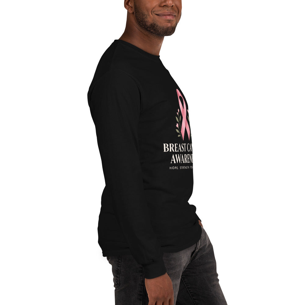 Black unisex long-sleeve shirt supporting breast cancer awareness with "Fight Together" message by Tristan's Outlet.