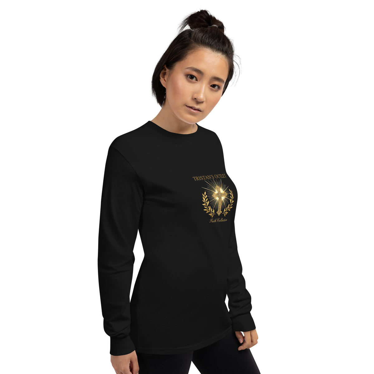 Unisex black long sleeve shirt from Tristan's Outlet Faith Collection, shown from the right front view.