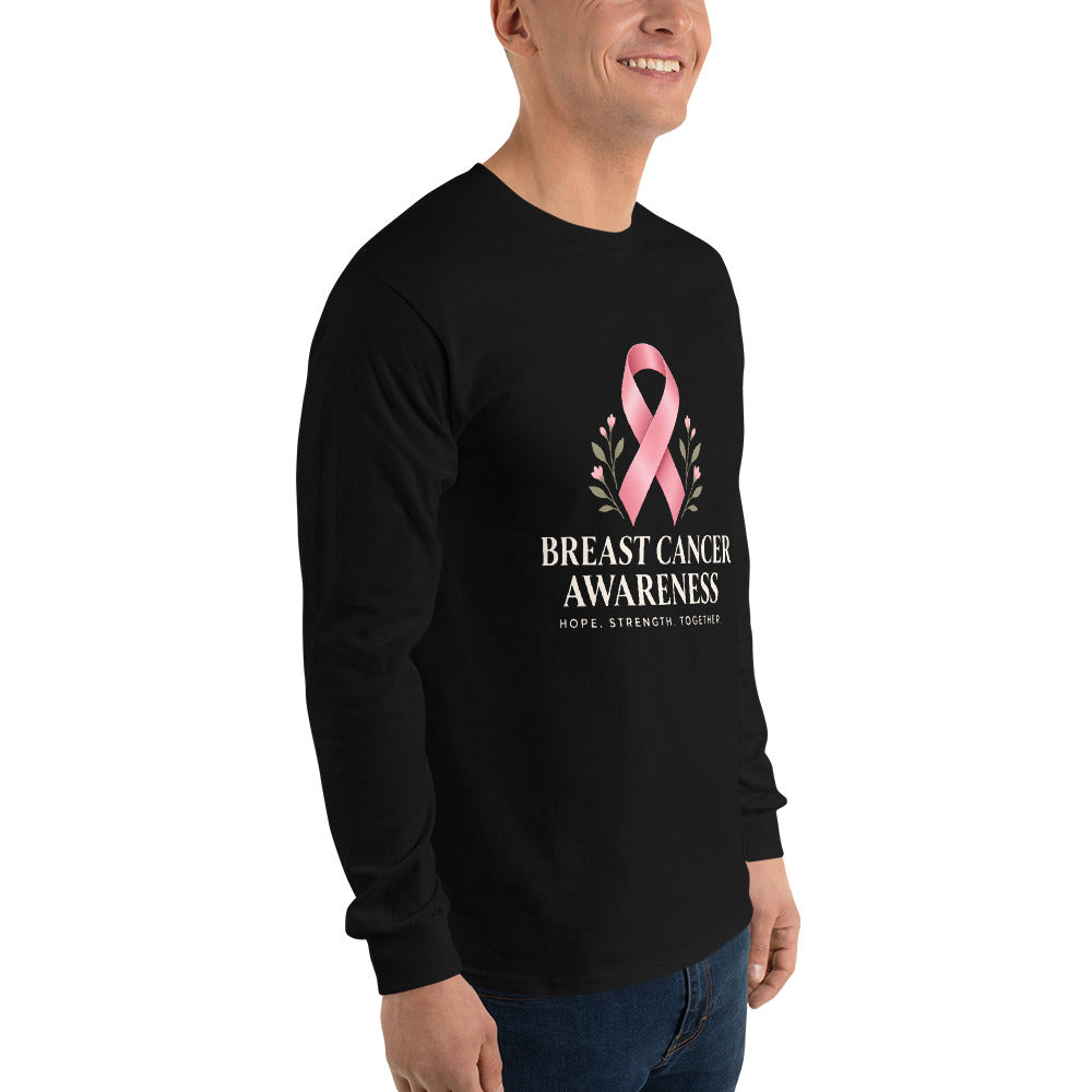 Black unisex long-sleeve shirt supporting breast cancer awareness, featuring a "Fight Together" message from Tristan's Outlet.
