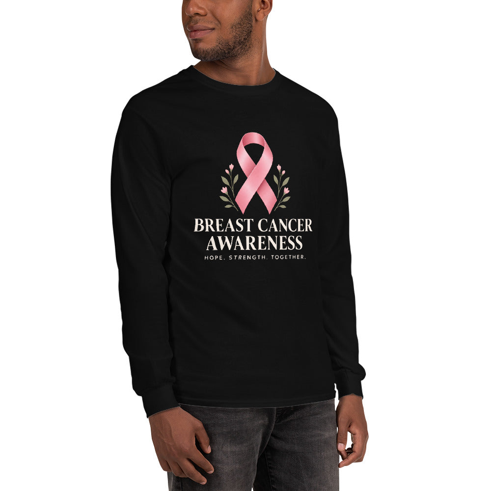Black unisex long-sleeve shirt from Tristan's Outlet supporting breast cancer awareness, featuring a front design.